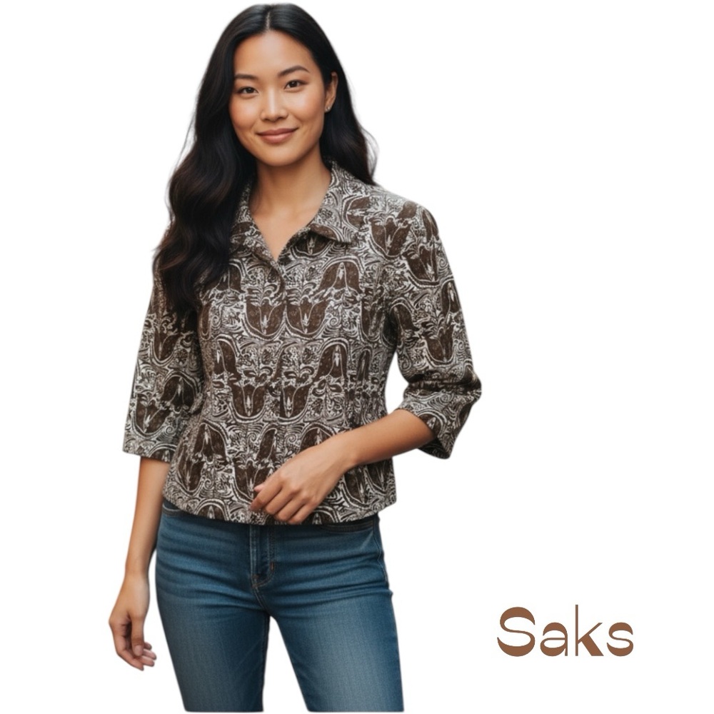 Saks Fifth Ave Brown White Floral Cotton Cropped Jacket NWOT Size 14 Cottage